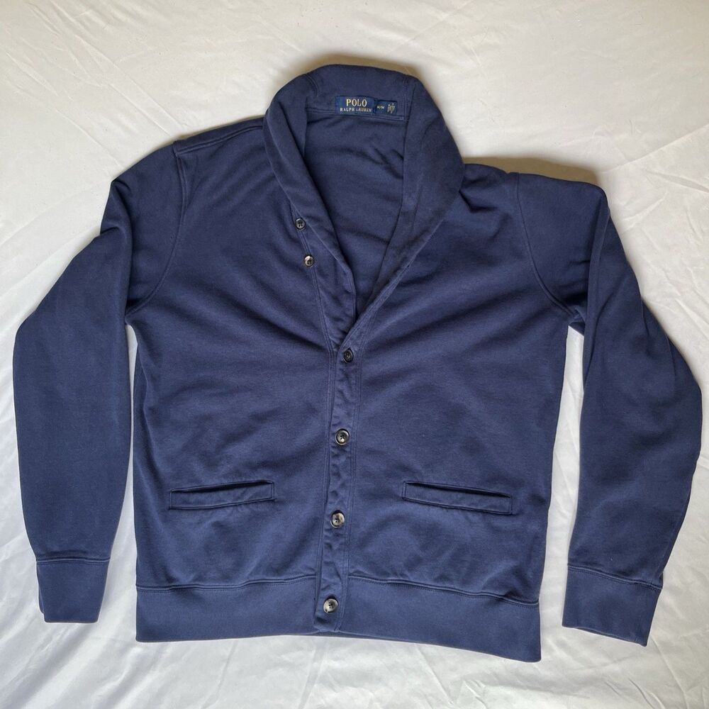 Polo Ralph Lauren Cardigan Sweater Mens Medium Navy Blue Shawl Collar Pockets